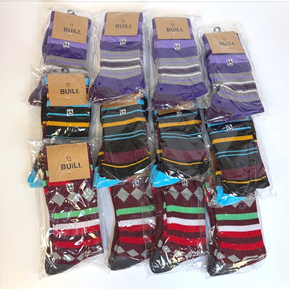 Colorful Mens Athletic Crew Socks Lot of 12 Pairs Assorted Stripes Multi Color‎